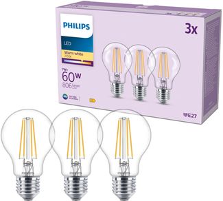 Philips classic A60 LED Lampe, 60 Watt, klar, E27 Sockel, 2700 K warmweißes Licht, 3er Pack