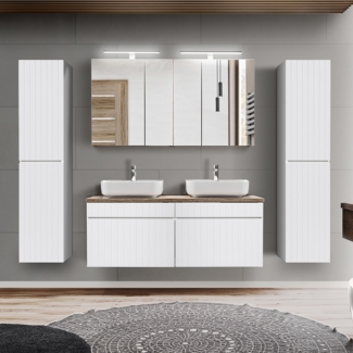 Badmöbel Komplett Set in weiß matt mit Vintage Eiche Nb. IRAKLIO-56 Doppelwaschtisch mit 2 Keramik Waschbecken, 2 LED-Spiegelschränke und 2 Hochschränke, B/H/T: ca. 230/200/46 cm