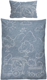biberna Melange-Flanell Bettwäsche 0840521 LOKOMOTIVE, blau, 1x 100x135 cm + 1x 40x60 cm