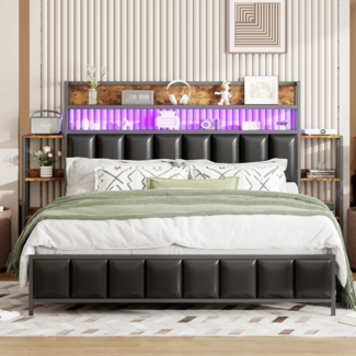 Polsterbett 160x200 cm aus Kunstleder mit LED-Beleuchtung und Ablagen – modernes Design, hoher Komfort