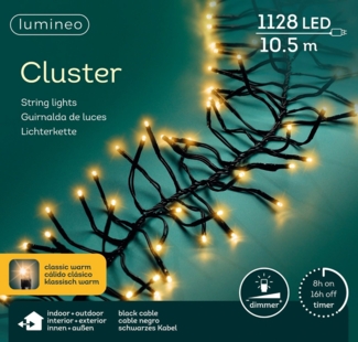 Lumineo LED-Lichterkette Lumineo Lichterkette Cluster 1128 LED 10,5 m klassisch warm, schwarz, Dimmbar, Timer, Indoor, Outdoor