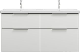 Burgbad EQIO Waschbecken mit Unterschrank 123 cm breit, Weiß Hochglanz, Doppelwaschbecken Keramik Weiß, 4 Schubladen
