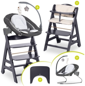 Hauck Hochstuhl Beta Plus Dark Grey - Newborn Set Deluxe, Holz Babystuhl ab Geburt, Aufsatz für Neugeborene, Sitzkissen, Tisch