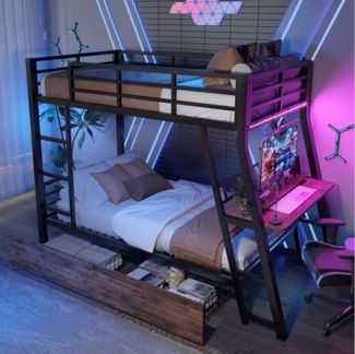 Flieks Etagenbett, LED Metallbett 90x200cm mit Rausfallschutz, Schreibtisch, Schubladen