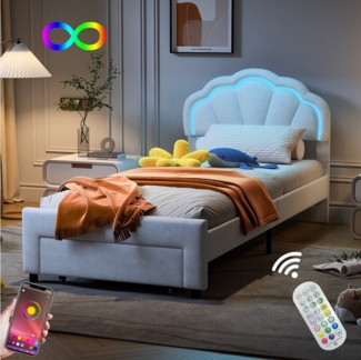 FUROKOY Polsterbett Polsterbett LED Kronenbett mit anhebbarem Kopfteil Kronenform (Prinzessinbett Kinderbett Jugendbett aus Samt), 90x200 cm,Schubladen mit Rädern,mit LED-Beleuchtung