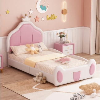 OKWISH Kinderbett Einzelbett, Kopfteil mit Kranzleiste (Polsterbett, kindliche Leistengestaltung am Kopf- und Fußende des Bettes, zweifarbiges Patchwork-Design, Kunstlederstoff), ohne Matratze