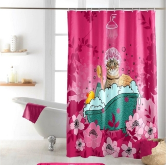 Sanixa Duschvorhang Vorhang Dusche Textil 200x180 cm Katze Pink witzig wasserabweisend Breite 180 cm, Badewannenvorhang Vorhang mit Ringen Metallösen waschbar