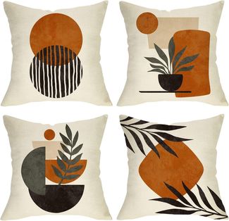 Boho Kissenhüllen 45×45 cm 4er-Set Abstrakte Sunset Plant Olive, Minimalist Modern Art, Bohemian Dekoration