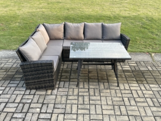 Fimous Gartenlounge Set Rattan Ecksofa Set Rechteckiger Esstisch Dunkelgrau gemischt