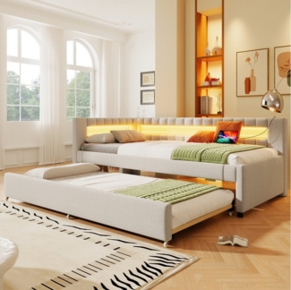 Merax Daybett mit Ausziehbett 90x190 cm (Kinderbett Jugendbett, 1 tlg), Polsterbett 90x200 cm Tagesbett Schlafsofa mit LED und USB, Leinen