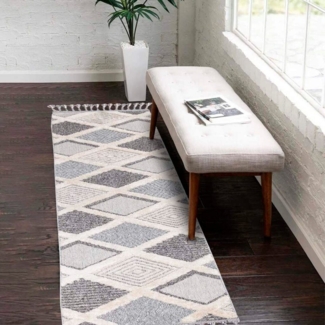 Carpet City Läufer Valencia 731, rechteckig, Höhe: 20 mm, Boho-Stil, Raute-Muster, 3D-Effekt, mit Fransen, Sisal