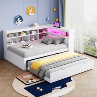 Merax Daybett Massivholzsofa 90*200 cm, Mit Ausziehbarem Bett, Mit USB-Steckdose und Mit LED-Licht, Mit Regalen und Ablagefächern, Viel Stauraum, Multifunktionales Einzelholzbett, Weiß