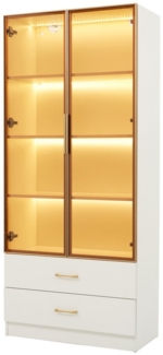 MODFU Vitrine LED-Badezimmerschrank in modernem Design (Hochschrank, Lagerschrank, Highboard, Lagerschränke, 1-St, mit 2 großen Schubladen und 2 Türen) mit Lichtleiste, Glastür