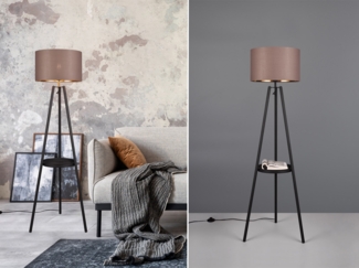 Tripod Stehleuchte COLETTE, Stoffschirm Taupe/Gold & Ablagetisch, Höhe 152cm