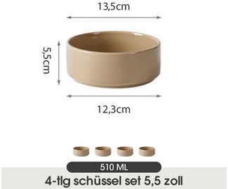 JIWOO Salatschüssel 4er Ø13,5cm, Müslischüssel Suppenschüssel Dessertschale Obstschale, Keramik, (Schüsselset, 4-tlg), Bowl Hochwertige Schüsseln Braun Schüssel Mikrowellenofen Spülmaschine