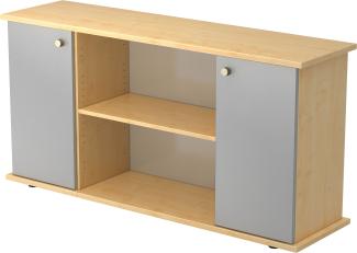 bümö Sideboard Ahorn/Silber mit Flügeltüren & Regal - Büromöbel Sideboard Holz 166cm breit, 45cm schmal, Büro Schrank für Flur oder als Wohnzimmer-Kommode mit Streifengriff, SB2T-3-S-SG