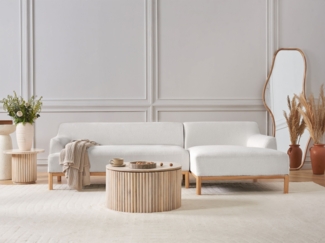 beliani 'SOSJO' Ecksofa, Bouclé cremeweiß, Rechtsseitig, 251 x 132 x 74 cm