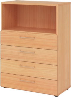 bümö smart Schubladenschrank, Büroschrank 80cm breit in Buche mit 4 Schüben & 1 Regalfach - Bürocontainer aus Holz, Container mit Metallgriffen & Soft-Stop Schubladen, 938S4-6-6-BS
