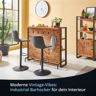 KHG Barhocker 4er Set 360° drehbar höhenverstellbar (61-82cm) Kunstleder Schwarz gesteppt Industrial Look | Drehstuhl Barstuhl mit Rückenlehne Fußstütze 110kg belastbar