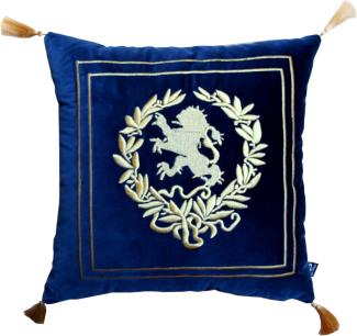 Casa Padrino Luxus Deko Kissen Wappen Dunkelblau / Gold mit goldenen Troddeln 45 x 45 cm - Feinster Samtstoff - Luxus Wohndeko