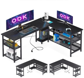 ODK Computertisch L-Form Reversibler Eckschreibtisch mit Steckdosen 168×120cm (1-St), mit Großer Stauraum, 2 Steckdosen und 2 USB Ladeanschluss