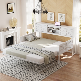 Merax Eisen Sofabett 90*200cm, Ausziehbares Sofabett mit mehreren Ablagefächern und multifunktionalen Steckdosen, Bügeleisen Einzelbett, Teenagerbett, Weiß