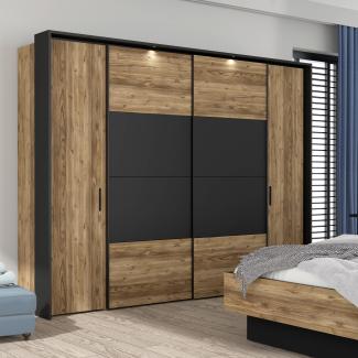 FORTE Jabim Kleiderschrank mit LED Beleuchtung, Holzwerkstoff, Braun/Schwarz, 279,4 x 214,9 x 64 cm