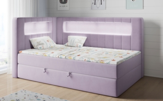 Boxspringbett mit LED, Einzelbett mit Bettkasten und Topper - JUNIOR GOLD 3 - 90x200 cm - Violet - Linke Seite