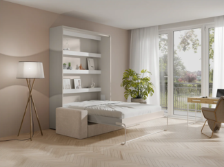 Vente-unique - Schrankbett 140 x 200 cm - Manuelle vertikale Öffnung - Mit LEDs - Beige + Matratze + Sofa - RAPILI