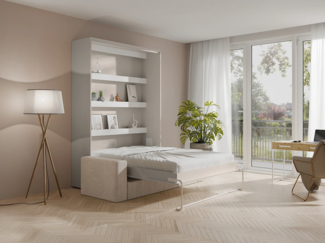 Vente-unique - Schrankbett 140 x 200 cm - Manuelle vertikale Öffnung - Mit LEDs - Beige + Matratze + Sofa - RAPILI