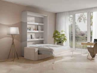 Vente-unique - Schrankbett 140 x 200 cm - Manuelle vertikale Öffnung - Mit LEDs - Beige + Matratze + Sofa - RAPILI