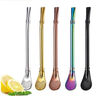 Refttenw Trinkhalme Strohfilterlöffel 2 in 1,Edelstahl Kaffeelöffel,5-tlg,Wiederverwendbar