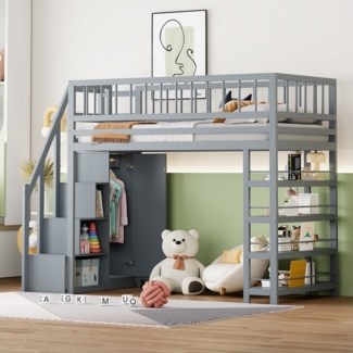 Merax Hochbett (Jugendbett Einzelbett Etagenbett, 1-St) Kieferholz Kinderbett 90x200cm mit Kleiderschrank Regal Stauraumtreppe