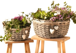 Dekoleidenschaft Pflanzschale Pflanzkörbe aus Weide, grau, Pflanztopf, Blumenschale mit Deko-Herzen (2 St, im Set), Blumenkorb, Weidenkorb, Pflanzgefäß, Tischdeko, Hochzeitsdeko