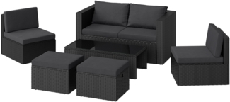 STEELSØN 'Noctura' Polyrattan Sitzgruppe, 2er Sofa, 2 Stühle, 2 Sitzhocker, Tisch, schwarz