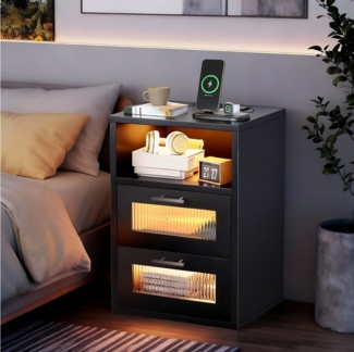oyajia Nachtkommode Nachttisch mit einstellbarer LED-Beleuchtung, Steckdosen (2 St), Nachtschrank Beistelltisch mit 2 Schubladen und 1 offener Ablage