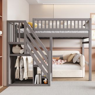 Grau Hochbett Mit Stauraumtreppe Massivkiefer Schrankstufen Sicherheitsgeländer 120kg Tragfähig Platzsparendes Jugendbett Kinderzimmer Kompaktes Design, 140x200cm