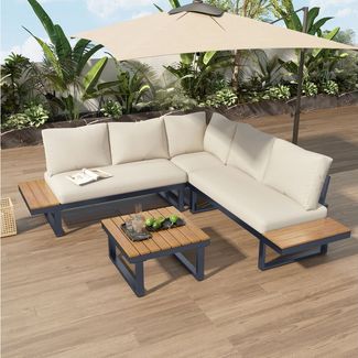 Celya Gartenlounge-Set Gartenlounges, Gartenmöbel Set mit verstellbarer Winkel-Liegefunktion, (mit verstellbarer Winkel-Liegefunktion (5 Stufen verstellbar, bis zu 55), mit Teakholzmaserung, mit Couchtisch, Beige), Garten-Freizeitset, verzinktes Stahlr...