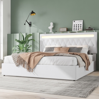 Gepolstertes Flachbett 180x200 cm mit Stauraum, hydraulisch, LED-Ambiente-Licht, USB-Anschluss, weiß,inklusive Taschenfederkern