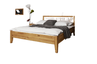 Bett Sydo 1 Sonderlänge 160x220 Wildeiche massiv mit Holzkopfteil und Holzbeinen