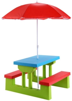 COSTWAY Kinder Sitzgruppe Sitzgarnitur Kindermöbel mit Sonnenschirm Kindertisch Picknickbank Bunt