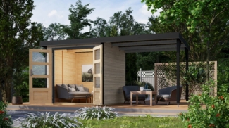 Hybrid-Gartenhaus Jupiter 2D - 209x213 cm plus 2,35 m Anbaudach, 19mm wassergrau/anthrazit