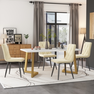 Essgruppe 5-teilig mit Marmoroptik Tisch 117×68 cm & 4 Beige Leinenstühlen,Esszimmer-Set für Küche und Wohnzimmer