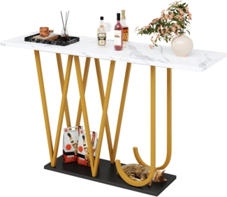 Sideboard 120x29,5x80 cm, Marmoroptik-Tischplatte, MDF & Metall, goldene Beine,Weiß und Golden