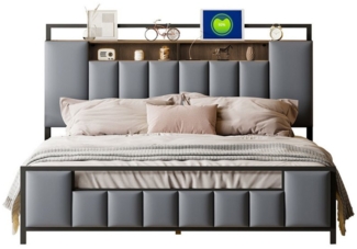 Flieks Metallbett, LED Polsterbett 160x200cm mit USB-Aufladen und Stauraumkopfteil