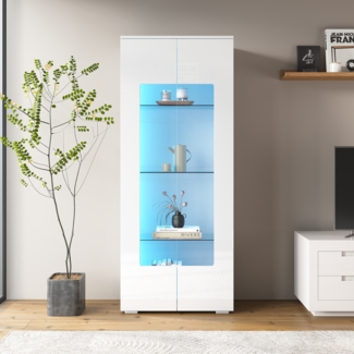 Merax 173cm Wohnzimmervitrine, Vitrine mit 2 Acryltüren, Hochglanzvitrine mit LED-Lichtleiste, Tragender Schrank aus gehärtetem Glas, Wohnzimmer breiter Schrank, Hochschrank, weiß