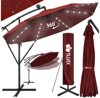 tillvex Alu Ampelschirm Rot LED Solar Ø 350 cm mit Kurbel | Sonnenschirm mit An-/Ausschalter | Gartenschirm UV-Schutz Aluminium | Kurbelschirm mit Ständer Marktschirm wasserdicht