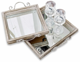 Mirabeau Tablett Tablett 2er Set Tess grau/silber, Tannenholz, Einsatz: Glas, Griff: Stahl