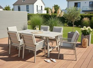 KONIFERA Garten-Essgruppe Edessa, TOPSELLER!, (Set, 19-tlg, 6x Sessel, 6x Sitzauflagen, 6x Rückenauflagen,1x Tisch), bestehend aus 6 Sesseln mit Auflagen, 1 Tisch