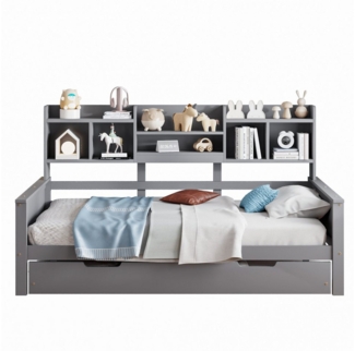 REDOM Kinderbett Einzelbett Schlafsofa Holzbett (90x200 cm, Kiefer Massivholz, mit Bettkasten & Lattenrost, platzsparendes Funktionsbett, für Gästezimmer & kleine Räume), ohne Matratze